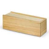 A wooden brain teaser set in a simple rectangular wooden box with a smooth finish.