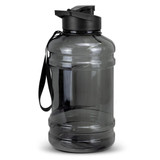 A drink bottle in grey with a black lid and carry strap. It features a logo on the body.