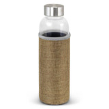 A drink bottle featuring a clear glass body and a natural-coloured fabric sleeve, topped with a stainless steel lid.