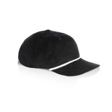 A black cap with a corded white rope detail along the front, featuring a logo on the side.