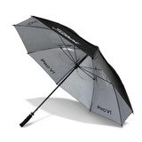 A black and grey double canopy golf umbrella with a logo, featuring a comfortable handle.