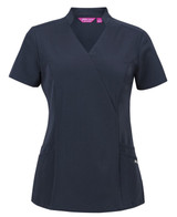 A navy scrub top with a nu mandarin collar and short sleeves, featuring two front pockets and a logo.