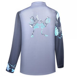 A grey school wear jacket with long sleeves, featuring a colourful hand design and an abstract pattern on the sleeves.