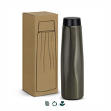 A drink bottle in matte olive green, featuring a black lid, next to a cardboard box with a simple design.