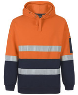 An orange and navy hoodie with reflective stripes and a logo on the sleeve. Suitable for workwear.