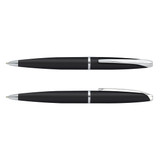 A sleek black Cross ATX ballpoint pen, featuring a silver clip and accents, displayed from two angles.
