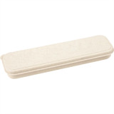 A bamboo fibre cutlery set in a cream-coloured container, featuring a simple, eco-friendly design.