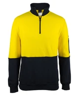 A half-zip fleece jumper in yellow and navy, featuring a front pocket and a side zip pocket, with a logo on the sleeve.