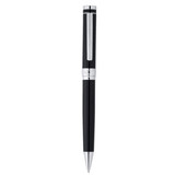 A black metal ballpoint pen with silver accents and a clip, featuring a branded logo.