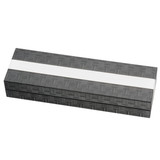 A sleek grey pen box with a textured design, featuring a white band across the top and a logo.