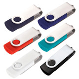 A set of six Rotate USB flash drives in navy, red, teal, white, black, and purple, featuring a logo. Each drive is 8GB.
