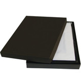 A black box partially open, revealing a silver nickel plated photo frame inside, resting on a white lining.