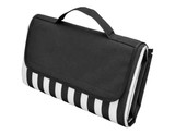 A black and white striped picnic rug with a handle, designed for outdoor leisure activities.