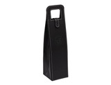 A black wine bag with a handle and stitch detailing, featuring a logo on the front.
