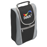 A drink bottle cooler in black and grey, featuring a top handle and a front zip pocket, with a logo.