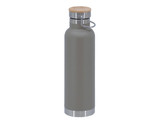 A drink bottle featuring a grey body, wooden lid, and stainless steel base, with a logo on the side.