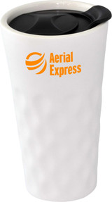A white ceramic mug with a textured design and a black lid, featuring a logo.
