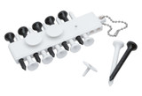 A white golf tee holder with black and white tees attached, along with a few loose black and white tees.