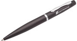 A metal pen in black with a silver clip, featuring a logo on the barrel.