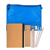 A blue zip pouch containing a notebook, pencil, ruler, sharpener, eraser, and white pencils.