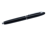 A black stylus pen with a sleek design and a shiny silver clip, featuring a built-in torch.