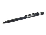 A metal pen in sleek black, featuring a clip and a branding logo, angled to display its tip.