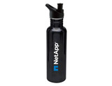 A drink bottle made of stainless steel, featuring a black finish and a logo. It has a flip-top spout for easy access.