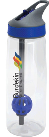 A drink bottle featuring a transparent body, grey lid, and blue accents, including a logo and built-in mixing ball.