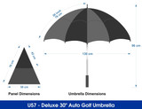 A black and grey Deluxe 30" Auto Golf Umbrella with dimensions displayed, featuring a logo on the handle.