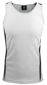 A white singlet with black side panels, featuring a logo on the neck label.