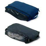 A platform shoe carrier in navy blue and black, featuring a zip closure and a handle, with a logo.