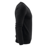 A black men's v-neck sweater, featuring a fitted design and long sleeves. The product has a branding logo.