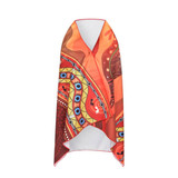 A colourful beach towel with vibrant patterns in red, orange, and blue, featuring a logo on one side.