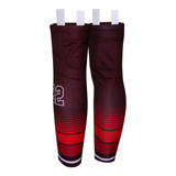Ice hockey socks in maroon and red, featuring a gradient design and a logo, with white tags on top.