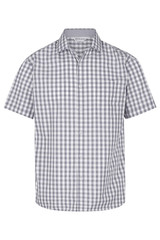 A short-sleeve button-up shirt featuring a grey and white checkered pattern, with a single chest pocket and a logo.
