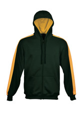A green zip-through hoodie with yellow accents on the sleeves and a matching interior. Features a front pocket and a hood.