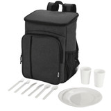 A black picnic cooler backpack with cutlery set, including plates, cups, forks, and spoons. It has a logo.