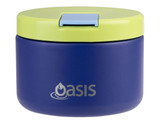 A food flask in navy blue with a light green lid, featuring a logo on the front.