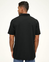 A black men's sustainable Jacquard knit short-sleeve polo shirt shown from the back, featuring a collar and logo.