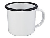 A white enamel espresso mug with a black rim and a sturdy handle, measuring 125ml and 6cm in height.