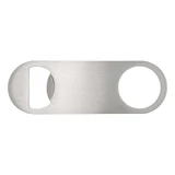 A drink bottle opener in stainless steel with a sleek, minimalist design and a circular opening for gripping.