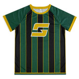 A green, black, and yellow custom youth active T-shirt featuring a logo on the front and a striped design.