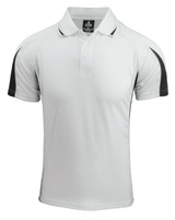 A white polo shirt with black detail and a logo on the chest. Short sleeves and a classic collar.