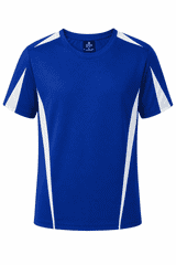 A blue men's T-shirt with white accents and a branding logo. Short sleeves and a round neckline.