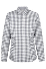 A long-sleeve, button-up shirt featuring a grey and white checkered pattern with a collar and branding.