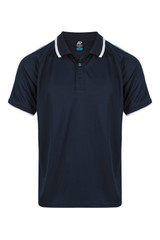 A navy blue men's polo shirt featuring a contrasting white collar and sleeve trim, with a logo on the upper section.