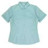A short-sleeve button-up shirt in green and white gingham pattern, featuring a collar and a fitted design.