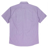 A short sleeve button-up shirt in light purple, featuring a plain back design and a collar, with a logo present.