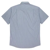 Short-sleeve button-up shirt in light blue with a subtle stripe pattern, featuring a back yoke and branding.