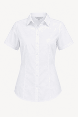A white short sleeve button-up shirt with a fitted silhouette and a collar, featuring a logo.